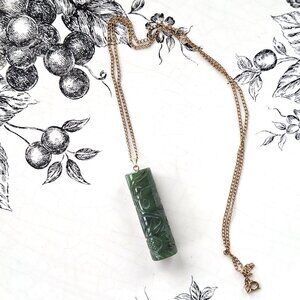 Antique Carved Jade Barrel Pendant on 12 karat gold filled Chain Necklace
